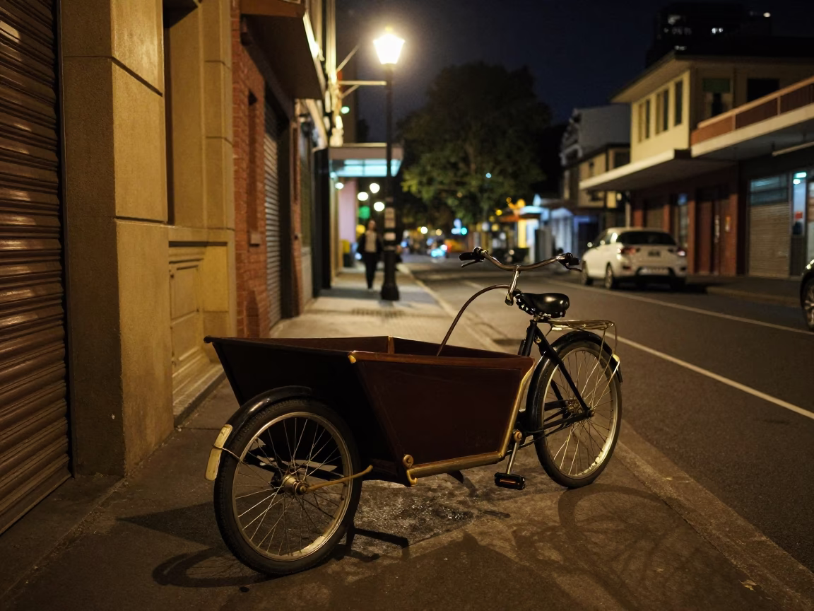 Late Night Melbourne Street Scene with Vintage 1950s Aesthetic and Candid Urban Details in in Melbourne, Victoria, Australia