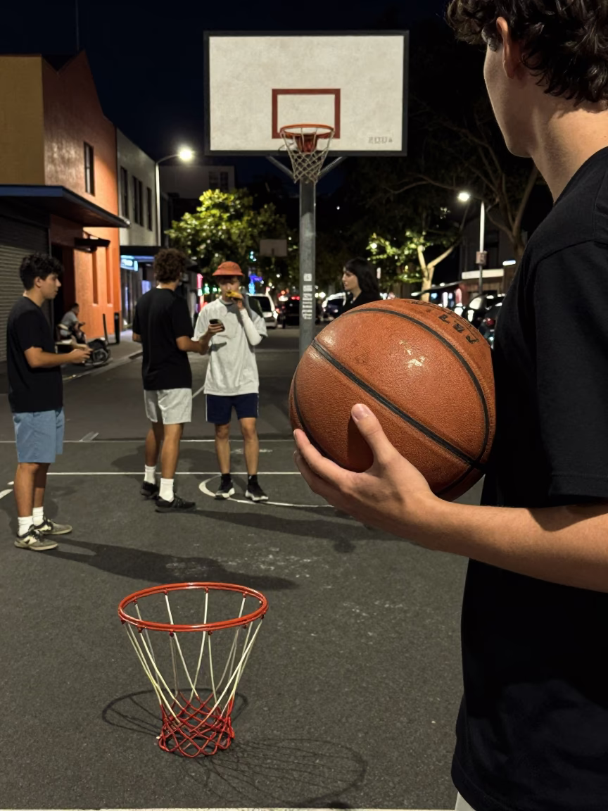 Late Night Melbourne Street Scene with Vintage Basketball and Urban Details in in Melbourne, Victoria, Australia