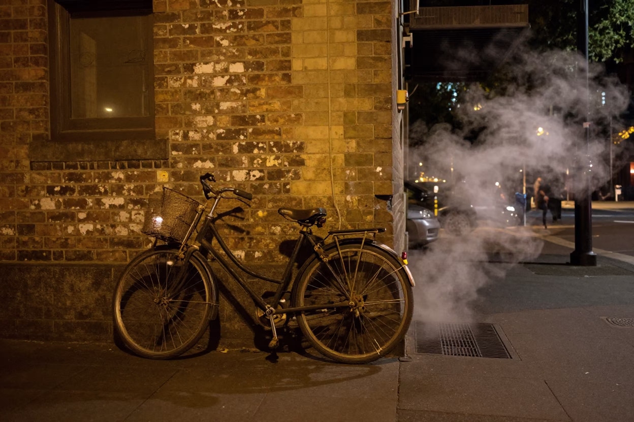 Late Night Melbourne Street Scene with Vintage Bicycle and Steam Haze in in Melbourne, Victoria, Australia