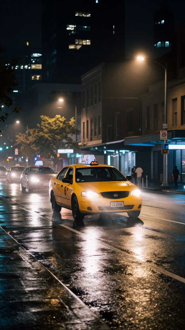Late Night Melbourne Street Scene with Yellow Taxi and Urban Architecture in in Melbourne, Victoria, Australia