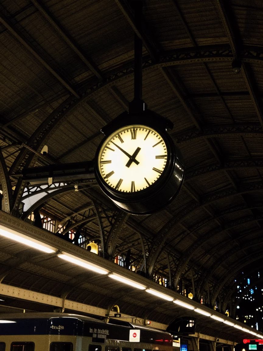Late Night Melbourne Train Station Clock Under Iron Roof With Commuters And Urban Details in in Melbourne, Victoria, Australia