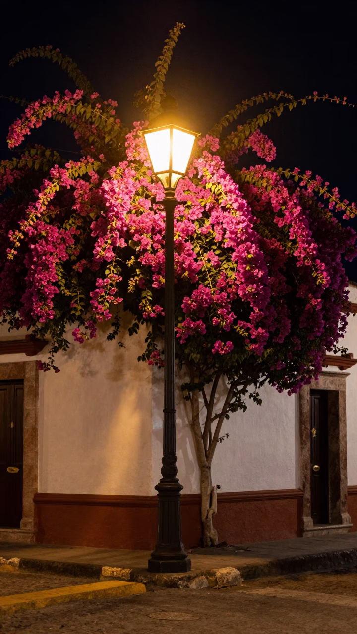 Late Night Merida Street Scene with Bougainvillea and Vintage Auto Rickshaw in in Merida, Mexico