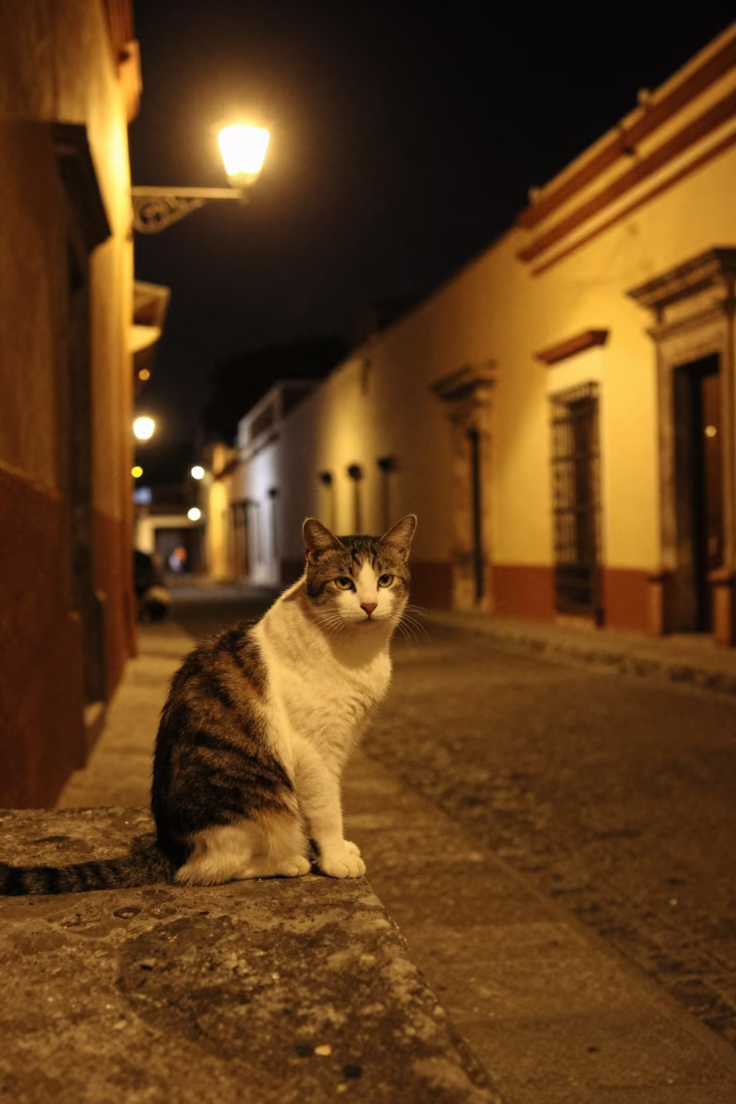Late Night Merida Street Scene with Cat and Local Details in in Merida, Mexico