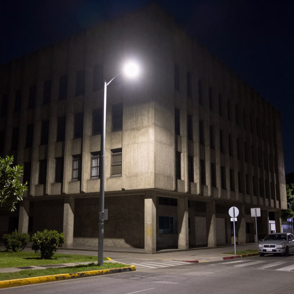 Late Night Merida Street Scene with Concrete Brutalist Architecture and Urban Details in in Merida, Mexico