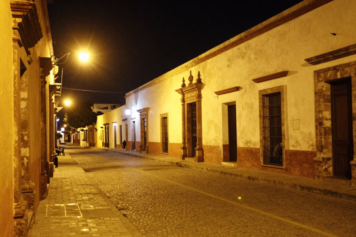 Late Night Merida Street Scene with Neon Lights and Local Life in in Merida, Mexico