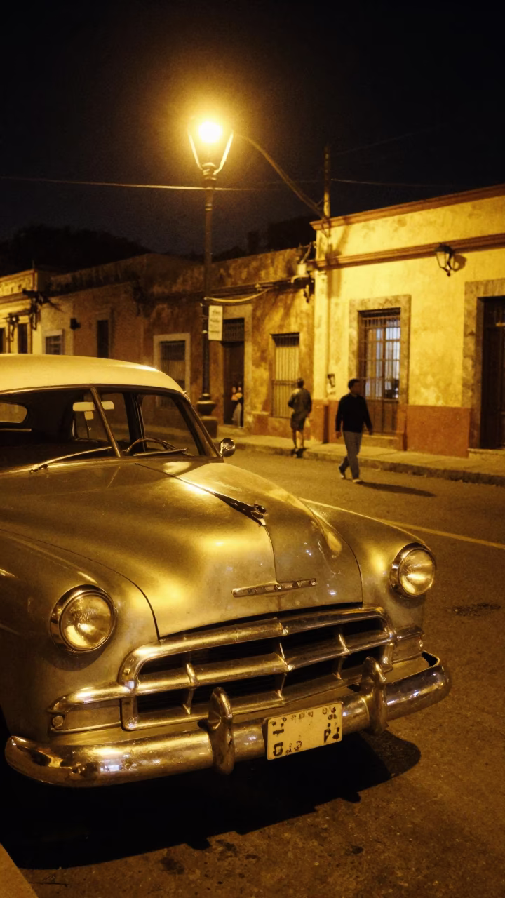 Late Night Merida Street Scene with Vintage 1950s American Car and Local Vendor in in Merida, Mexico