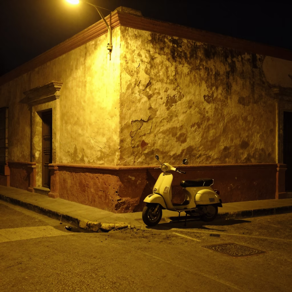 Late Night Merida Street Scene with Vintage Scooter and Local Vendor in in Merida, Mexico