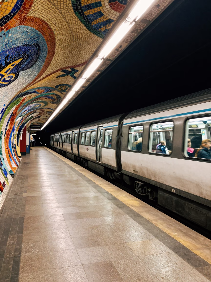Late Night Metro Station in Barcelona With Art Adorned Walls and Commuter in in Barcelona, Spain