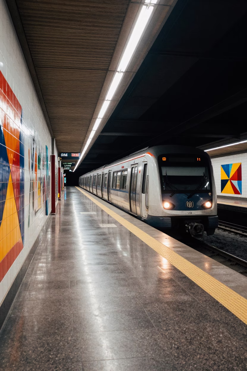 Late Night Metro Valencia Spain Art Adorned Station Platform Scene in in Valencia, Spain