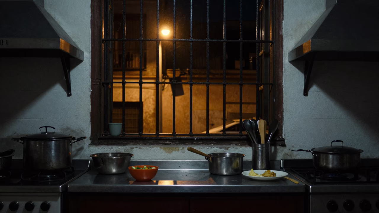 Late Night Mexico City Kitchen Scene with Hammered Metal and Linen in in Mexico City, Mexico