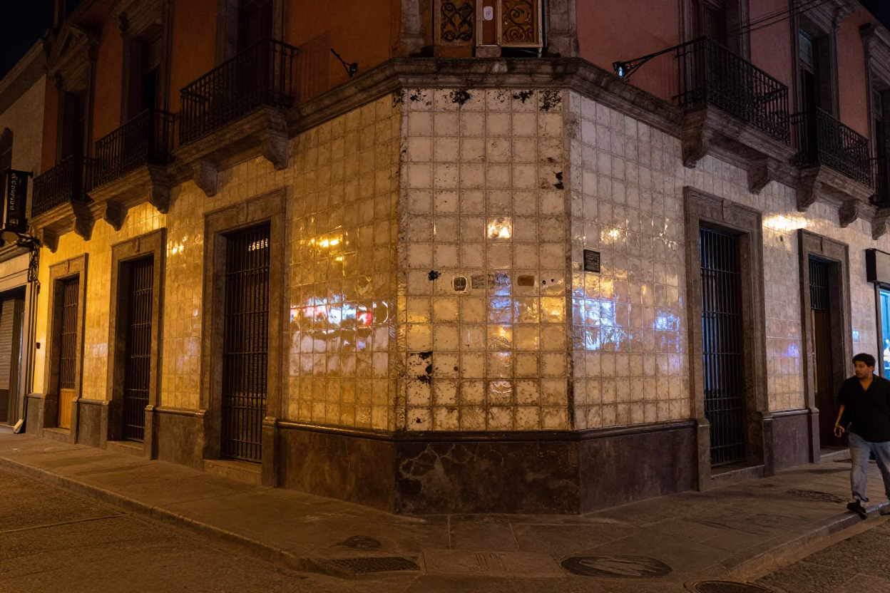 Late Night Mexico City Street Corner with Tiled Wall and Street Vendor Stall in in Mexico City, Mexico