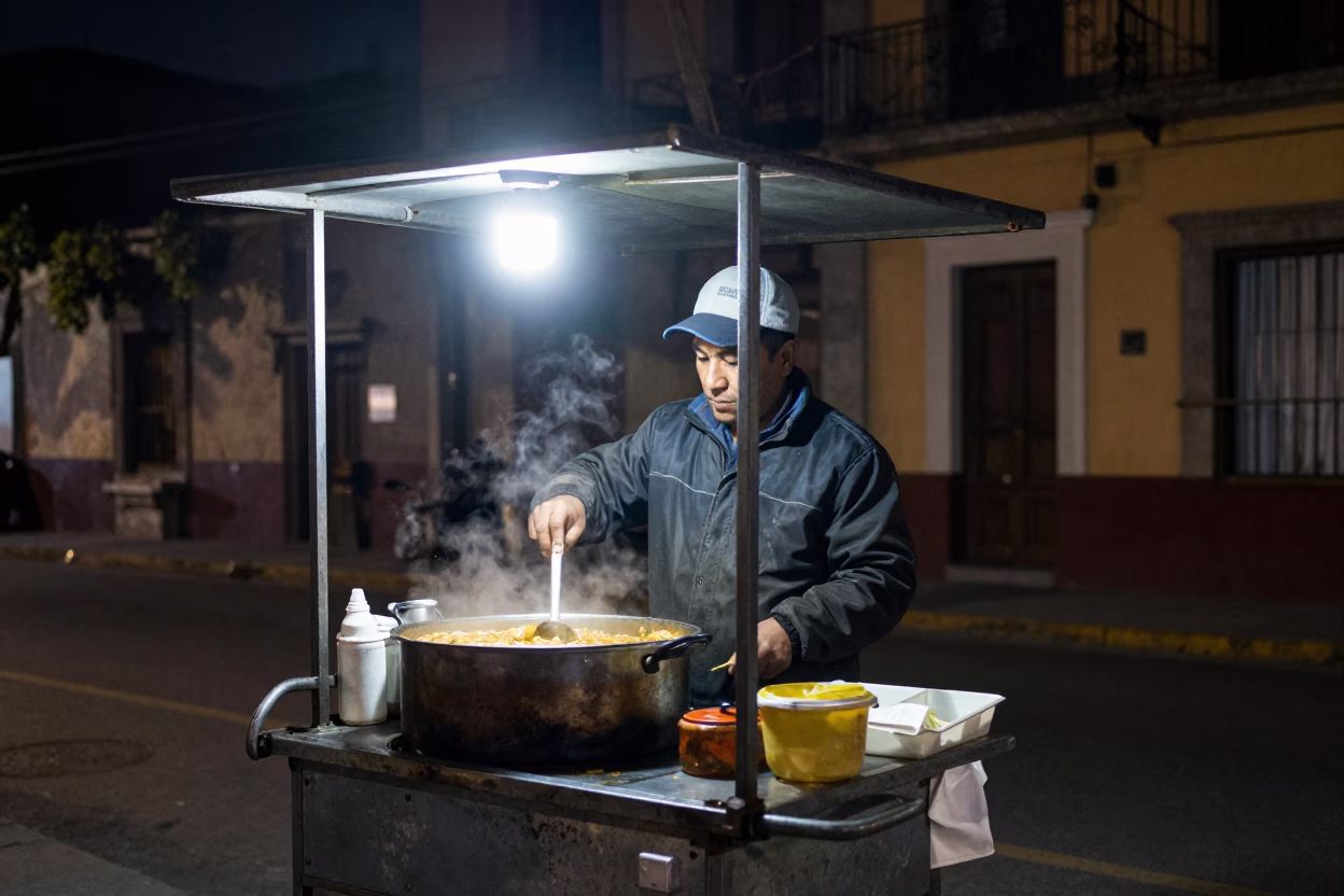 Late Night Mexico City Street Food Vendor Serving Ash Reshteh with Kashk in in Mexico City, Mexico