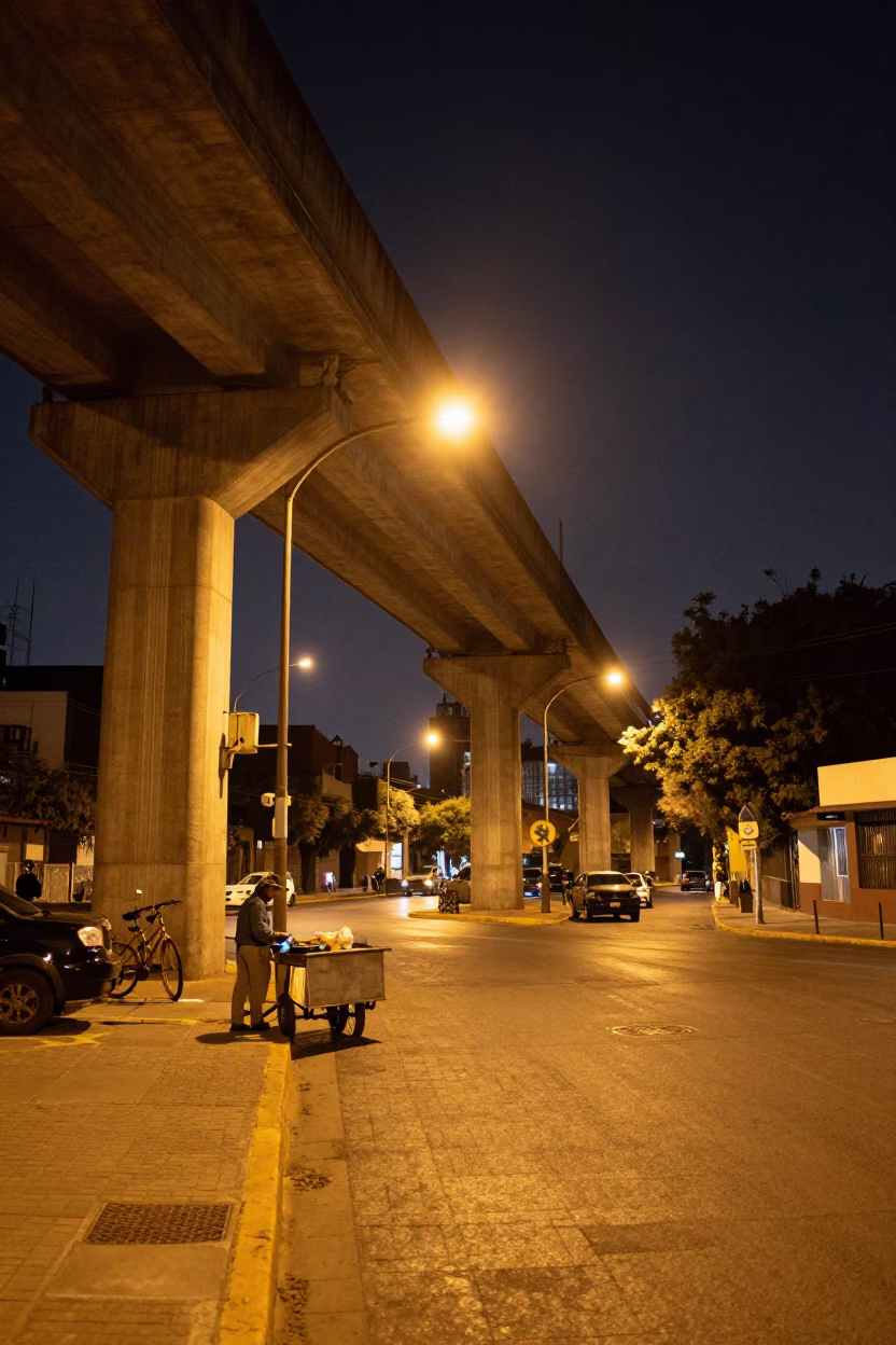 Late Night Mexico City Street Scene with Concrete Viaduct and Local Street Vendor in in Mexico City, Mexico