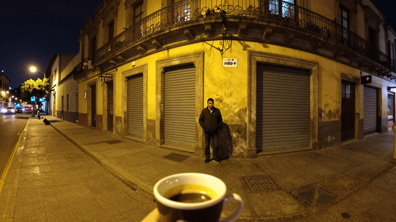 Late Night Mexico City Street Scene with Espresso Cup and Tile Grout in in Mexico City, Mexico