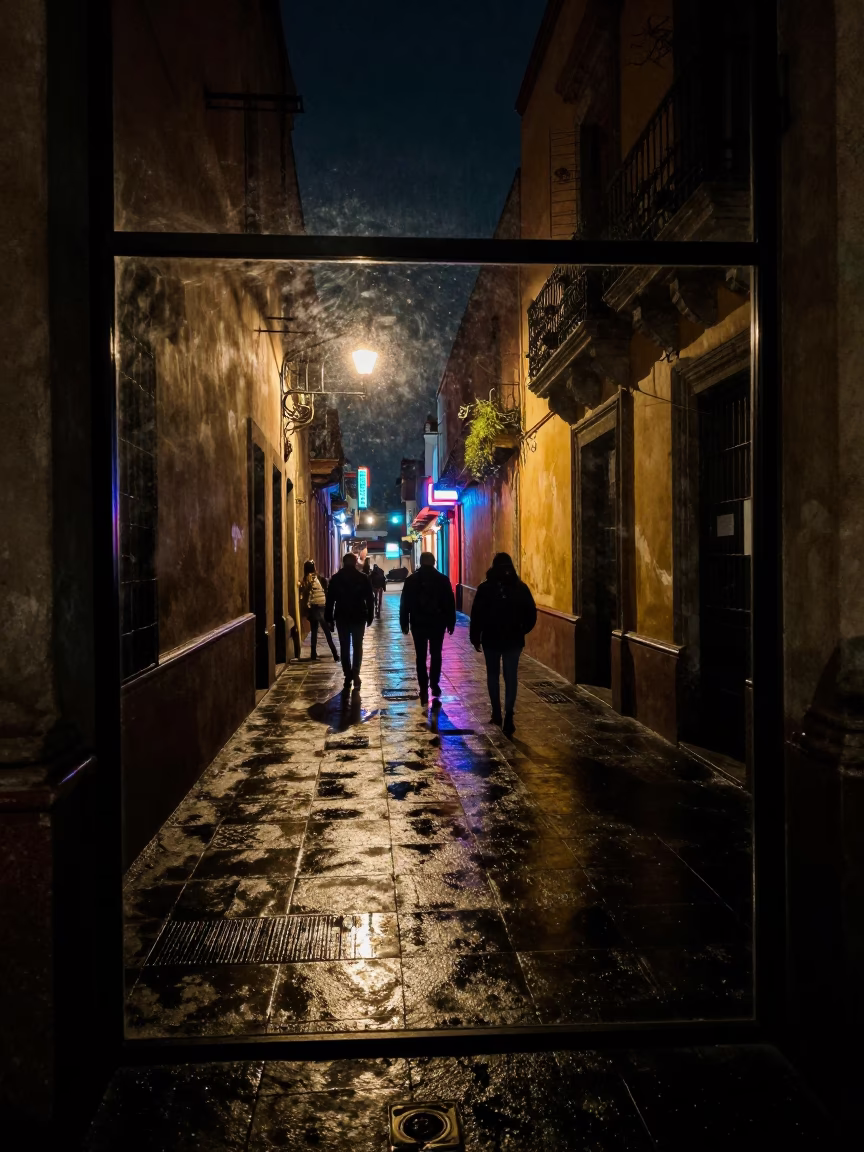 Late Night Mexico City Street Scene with Glass Frame and Yo-Yo in in Mexico City, Mexico