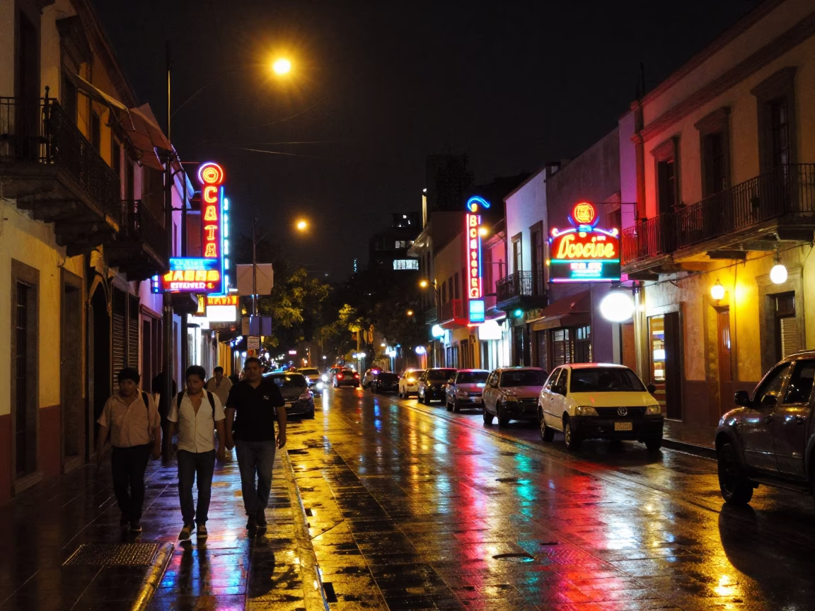 Late Night Mexico City Street Scene with Neon Lights and Urban Details in in Mexico City, Mexico