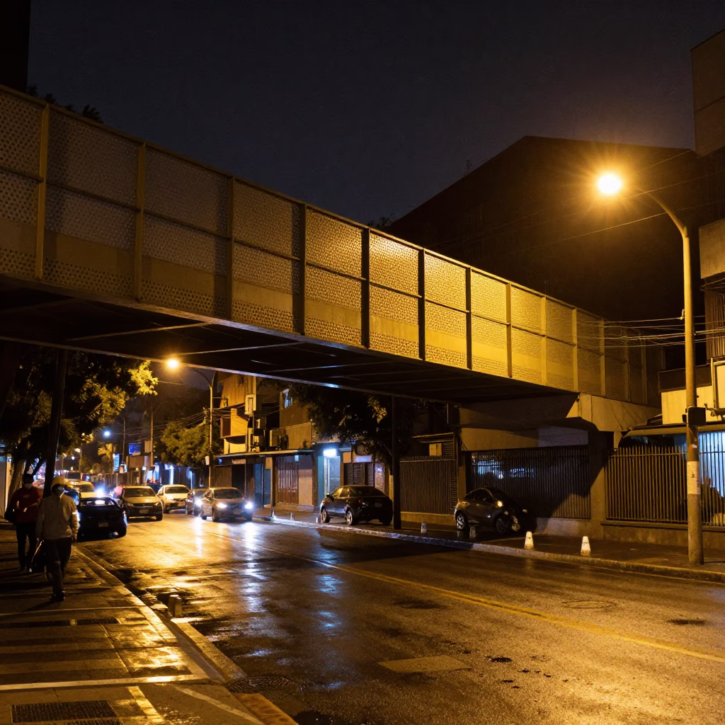 Late Night Mexico City Street Scene with Perforated Metal Overpass and Wet Footsteps in in Mexico City, Mexico