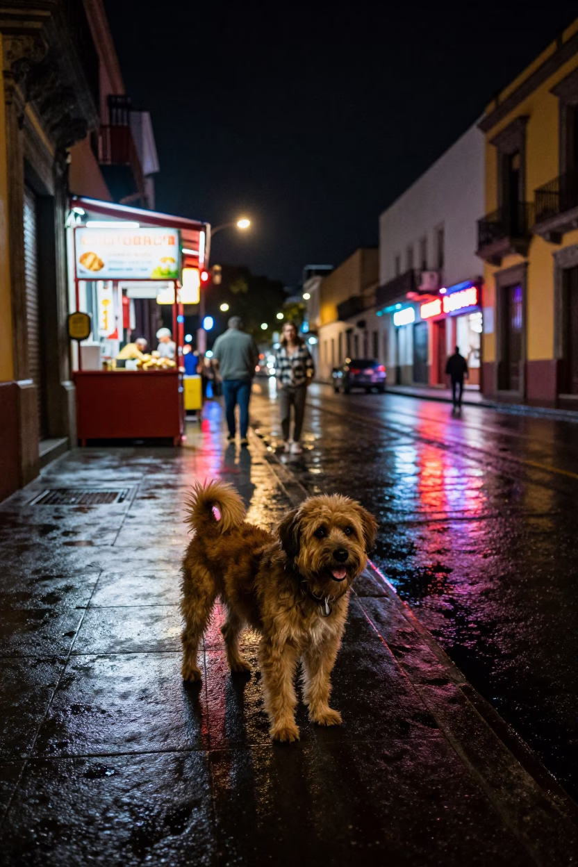 Late Night Mexico City Street Scene with Portuguese Water Dog and Urban Details in in Mexico City, Mexico