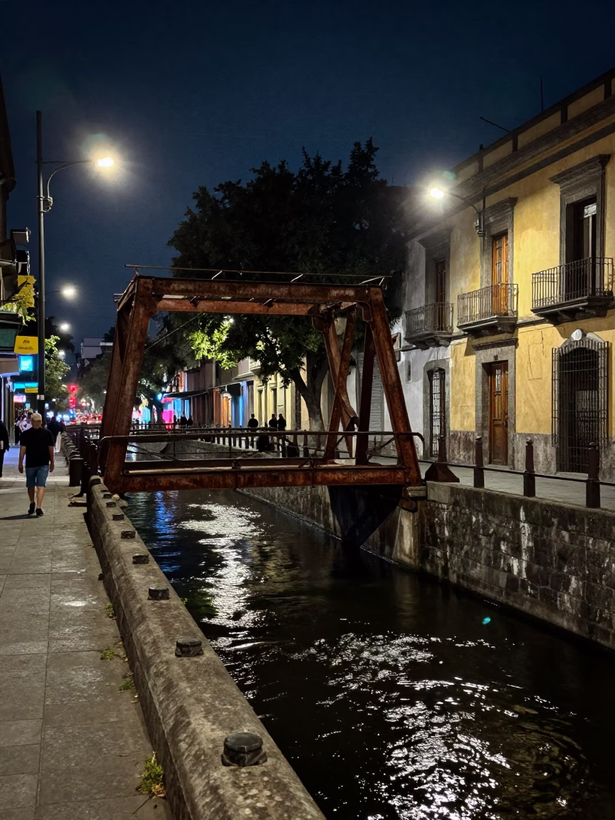 Late Night Mexico City Street Scene with Rusted Drawbridge and Urban Rooftop Water Tower in in Mexico City, Mexico