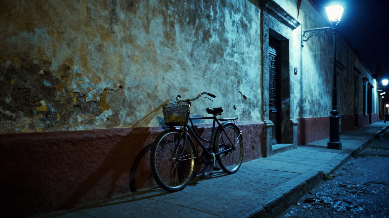 Late Night Mexico City Street Scene with Vintage Bicycle and Neon Signs in in Mexico City, Mexico