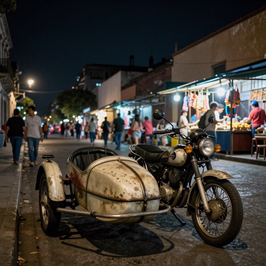 Late Night Mexico City Street Scene with Vintage Motorcycle Sidecar and Cobalt Beaker in in Mexico City, Mexico