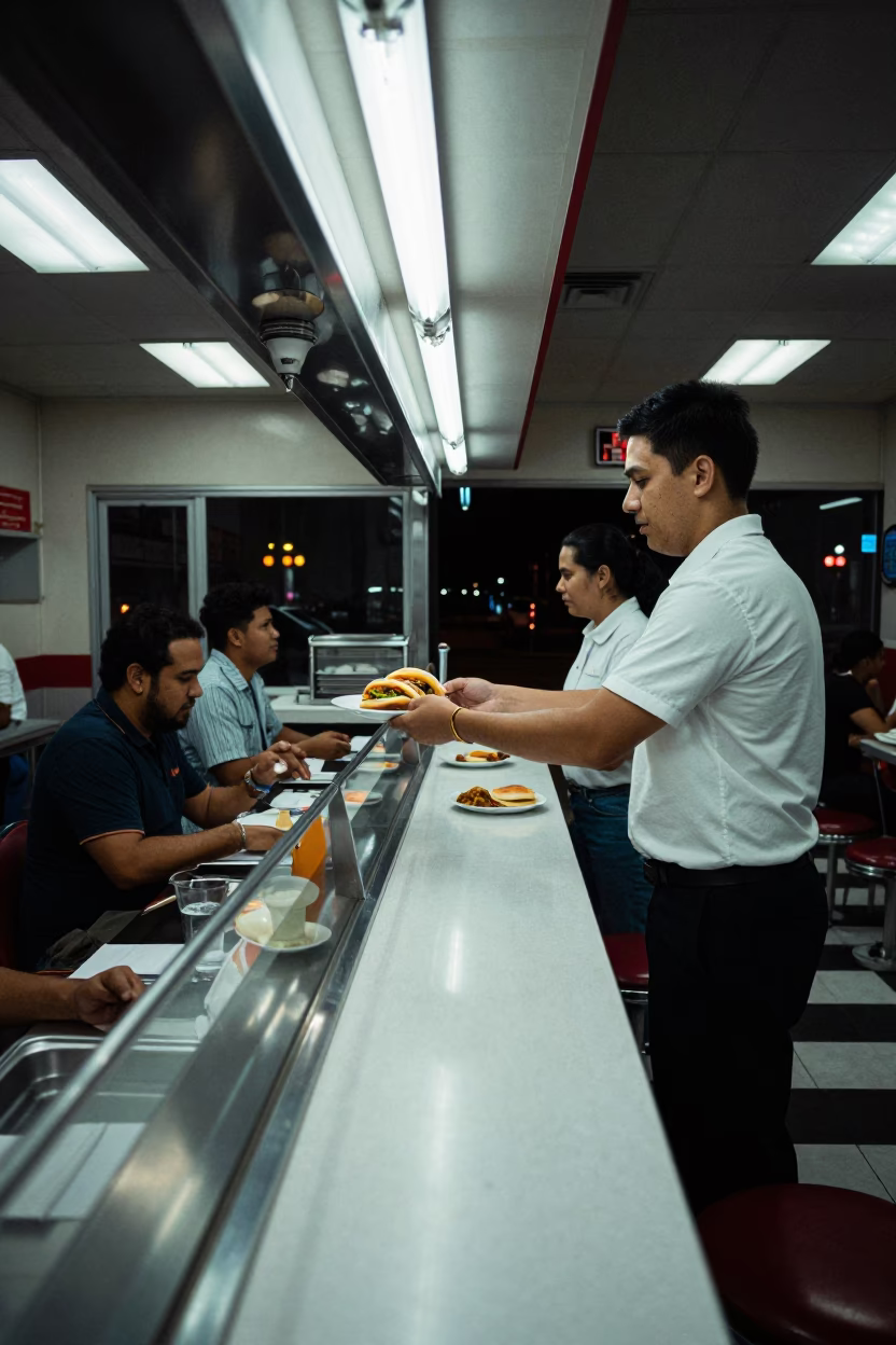 Late Night Miami Diner Counter Service with Arepas and Fresh Papayas in 1970s Florida in in Miami, Florida, United States