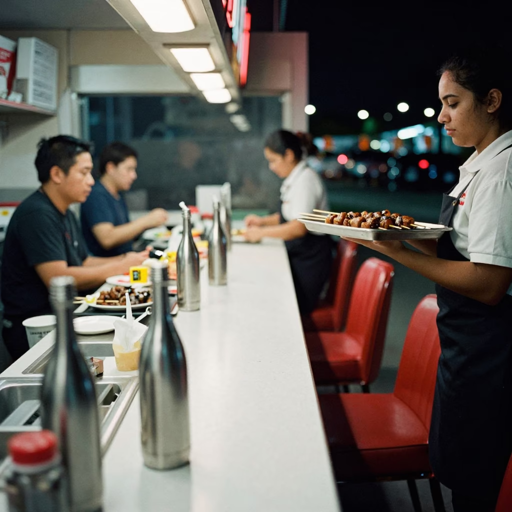 Late Night Miami Diner Counter with Brushed Steel Bottle and Wash Basin in in Miami, Florida, United States