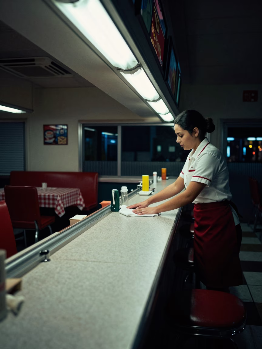 Late Night Miami Diner Interior with Tablecloth and Rolling Pin on Counter in in Miami, Florida, United States