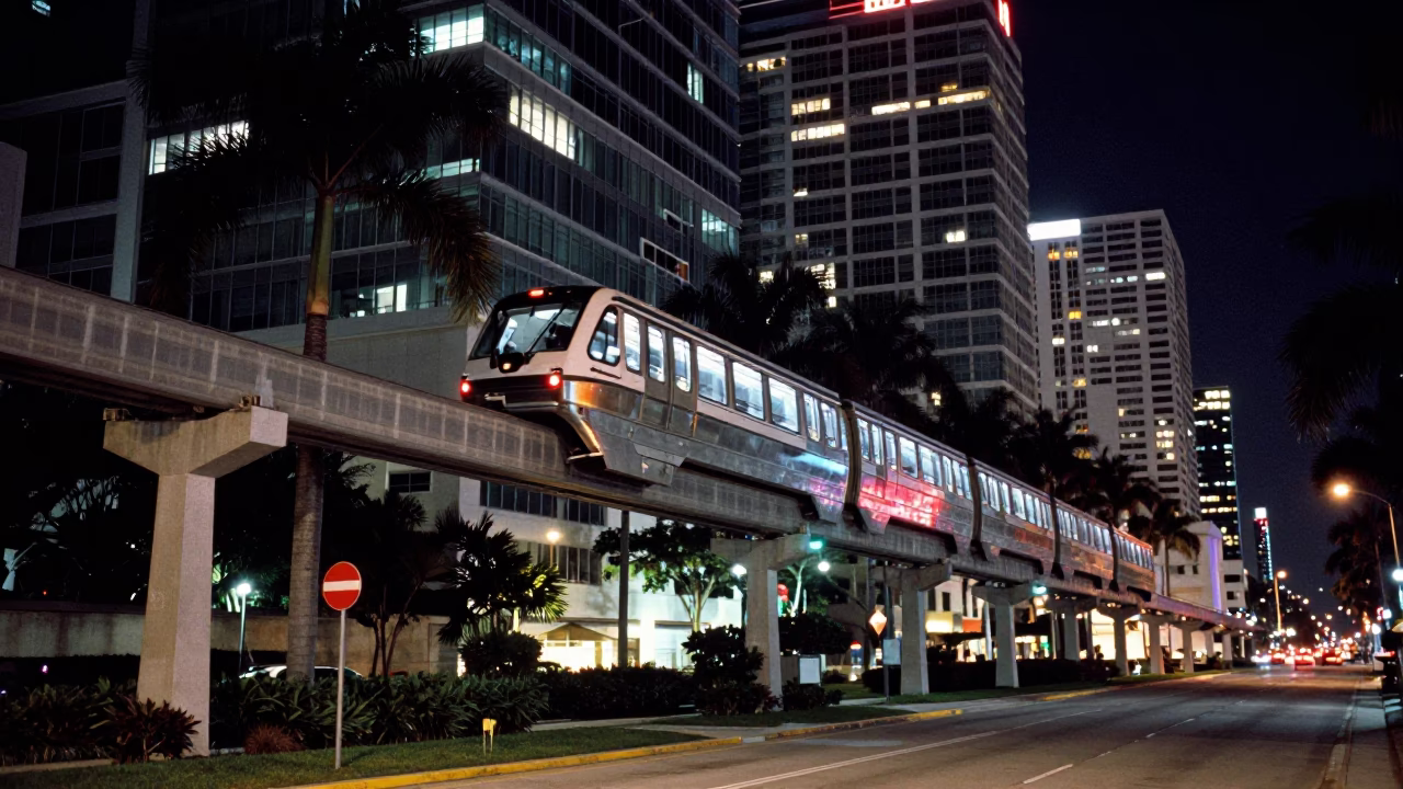 Late Night Miami Monorail Gliding Past Palm Trees and Glass Towers in Florida in in Miami, Florida, United States