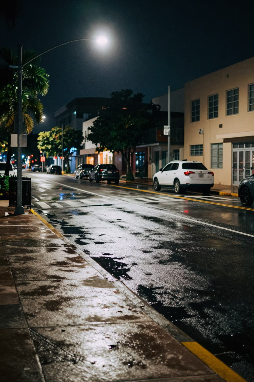 Late Night Miami Street Corner with Damp Asphalt and Neon Reflections in in Miami, Florida, United States