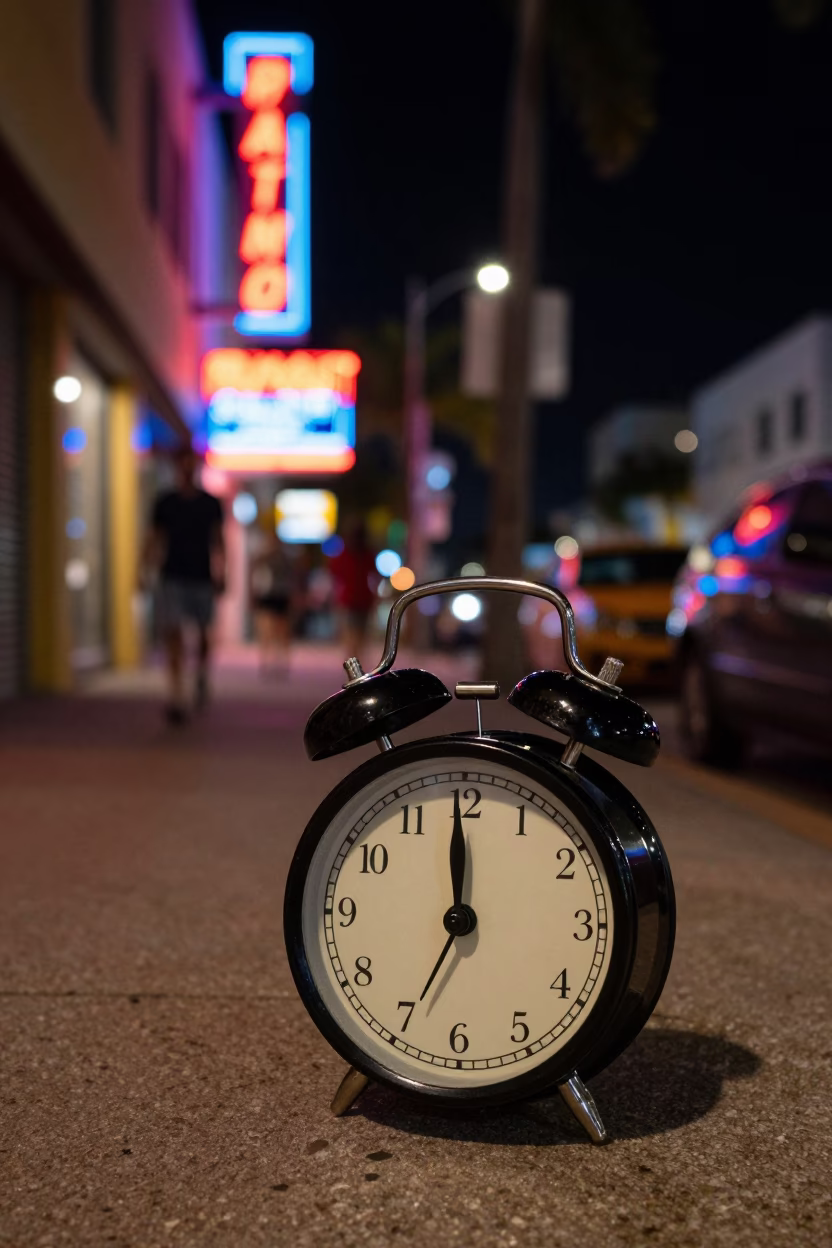 Late Night Miami Street Scene with Alarm Clock and Glass Tumbler in in Miami, Florida, United States