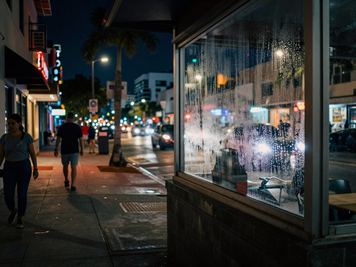 Late Night Miami Street Scene with Condensation on Window and Beach Towels in in Miami, Florida, United States