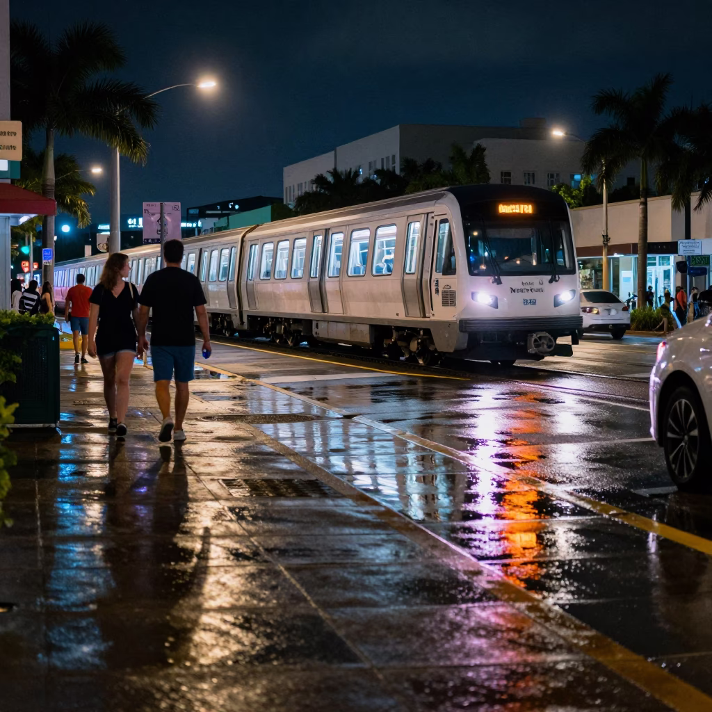 Late Night Miami Street Scene with Monorail Reflection in Glass Skyscraper in in Miami, Florida, United States