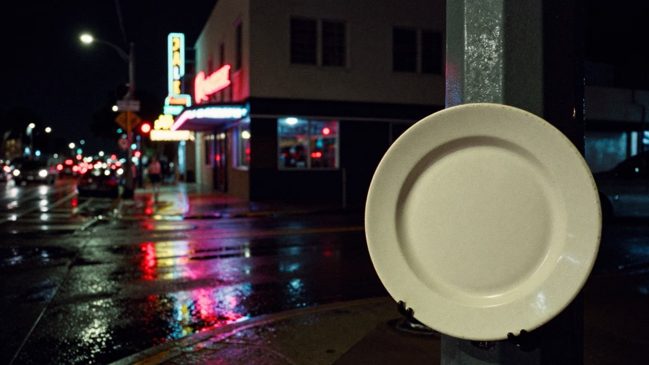 Late Night Miami Street Scene with Vintage Plate and Persimmons at Midnight in in Miami, Florida, United States