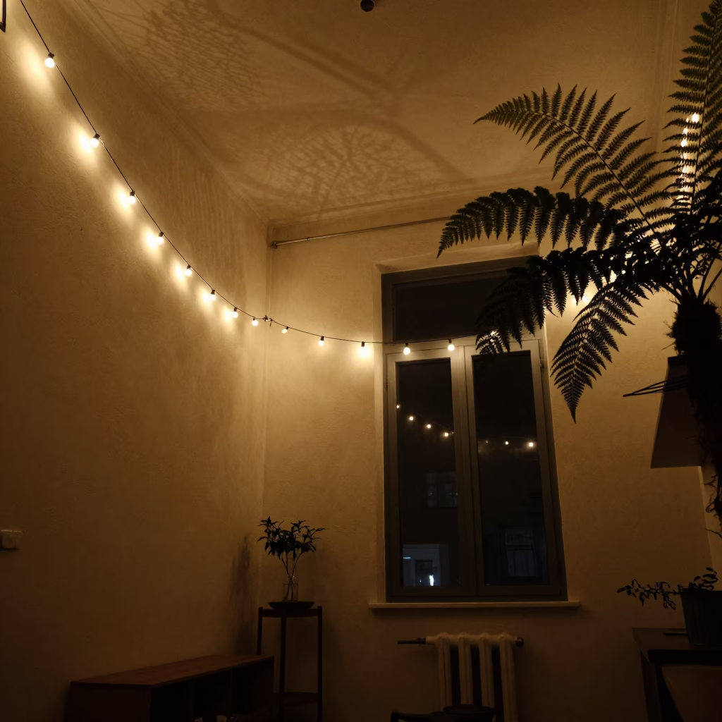 Late Night Milan Apartment Interior with String Lights and Ferns in in Milan, Italy