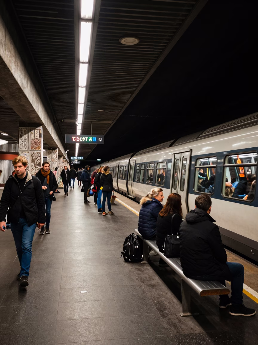Late Night Milan Metro Station Commuter Scene with Art Adorned Walls and Train Arrival in in Milan, Italy