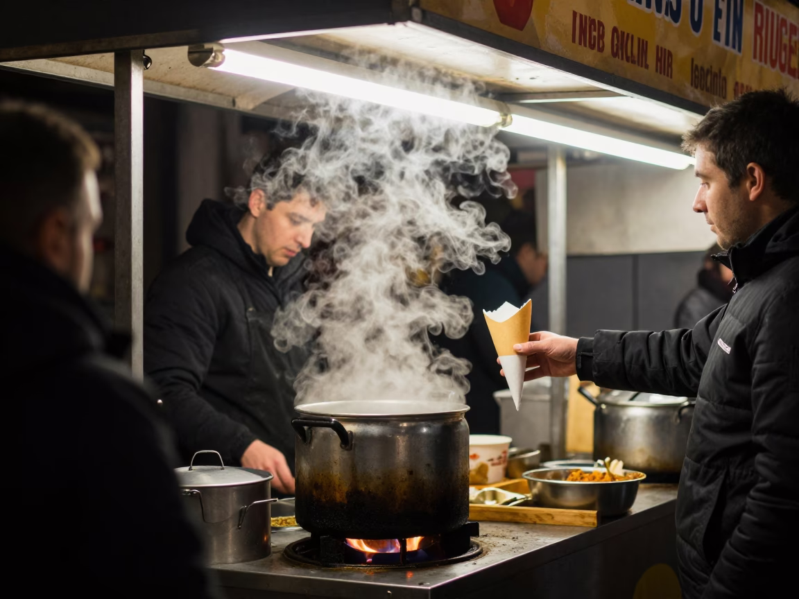 Late Night Milan Street Food Stall with Kettle and Cutlery in in Milan, Italy