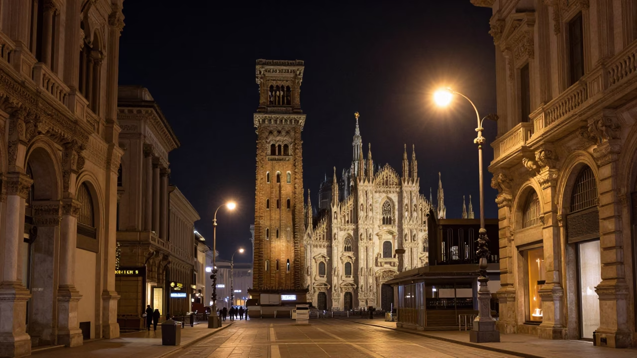 Late Night Milan Street Scene with Bell Tower and Urban Life in in Milan, Italy