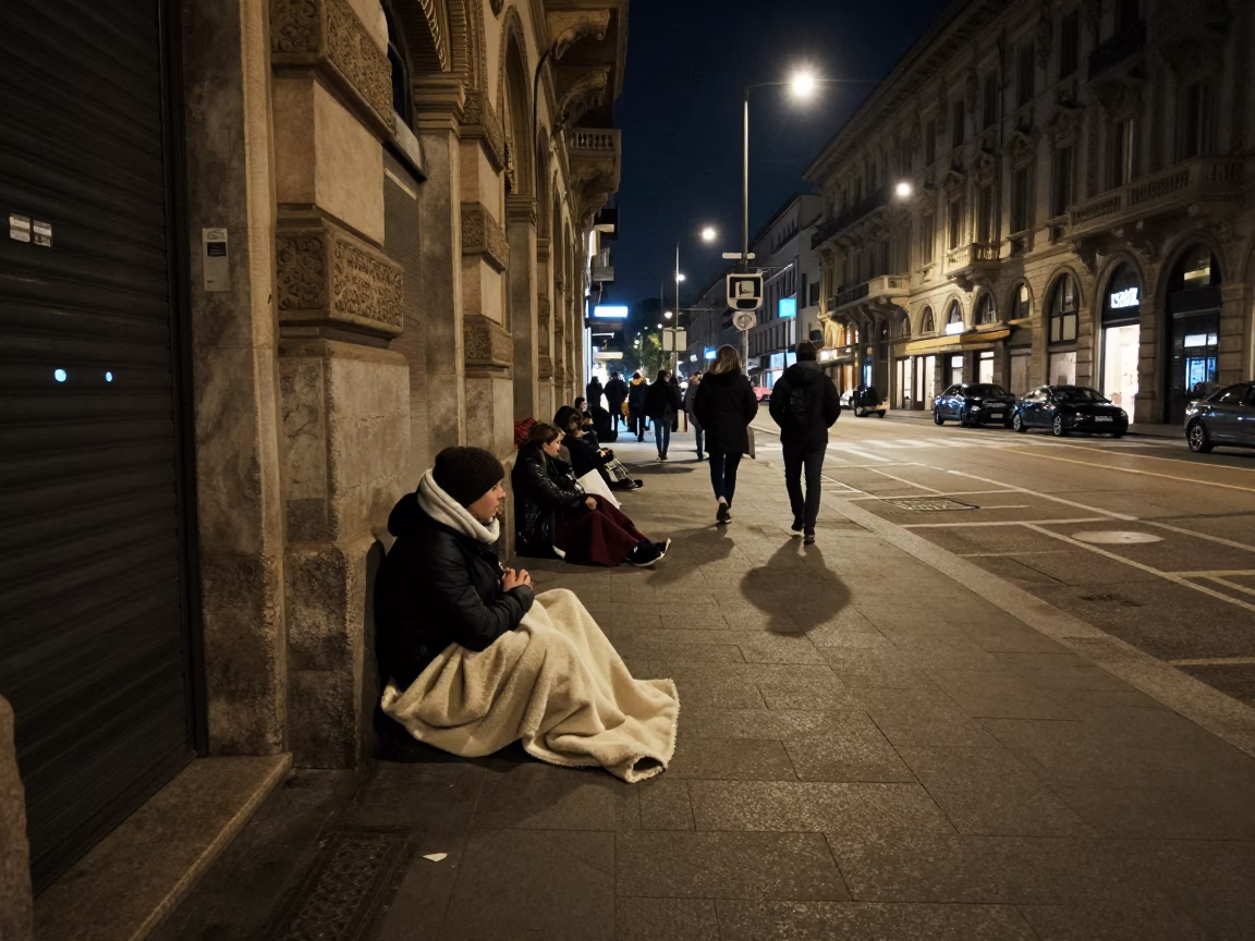 Late Night Milan Street Scene with Blankets and Urban Details in in Milan, Italy