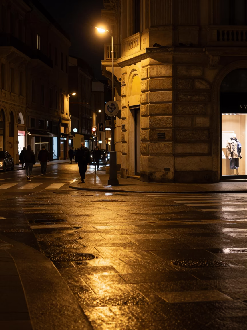 Late Night Milan Street Scene with Brushed Steel Reflection and Urban Details in in Milan, Italy