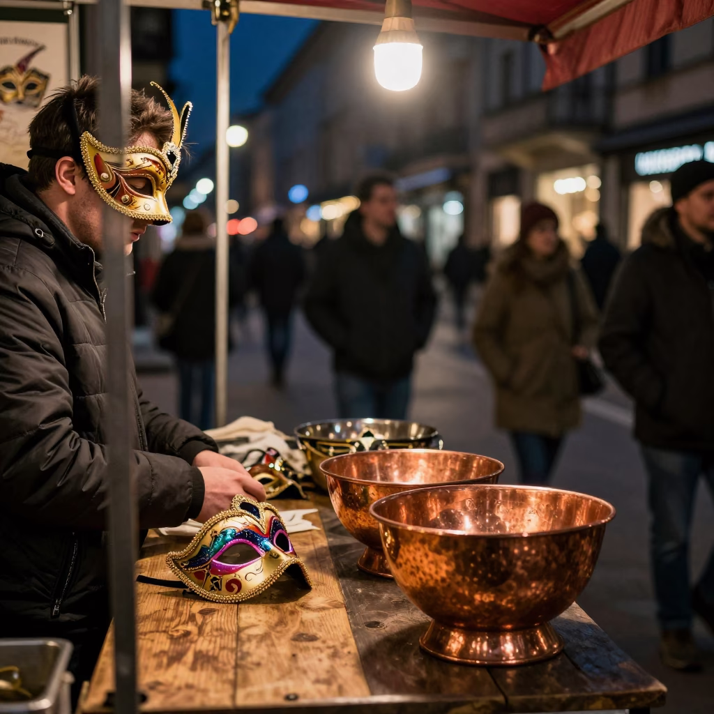 Late Night Milan Street Scene with Carnival Mask and Copper Bowls in in Milan, Italy