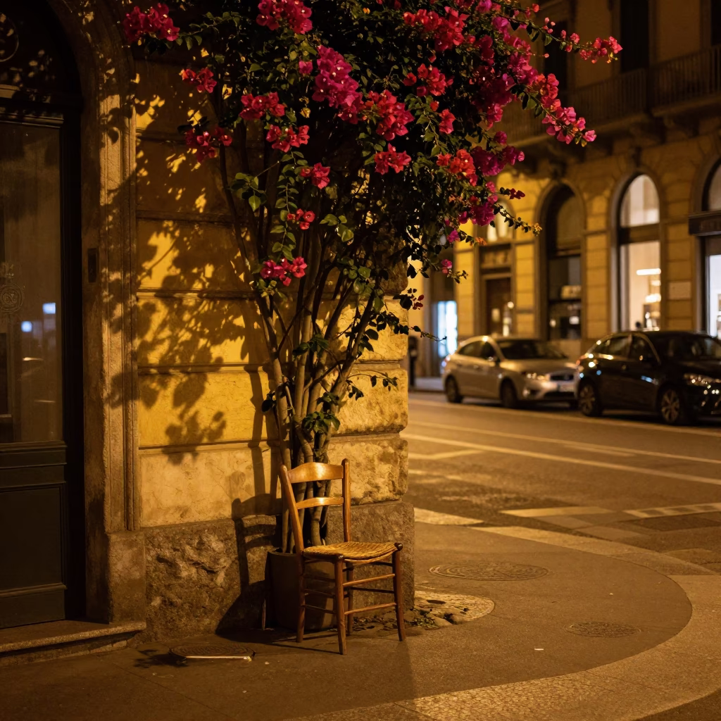 Late Night Milan Street Scene with Chair and Bougainvillea in Italy in in Milan, Italy