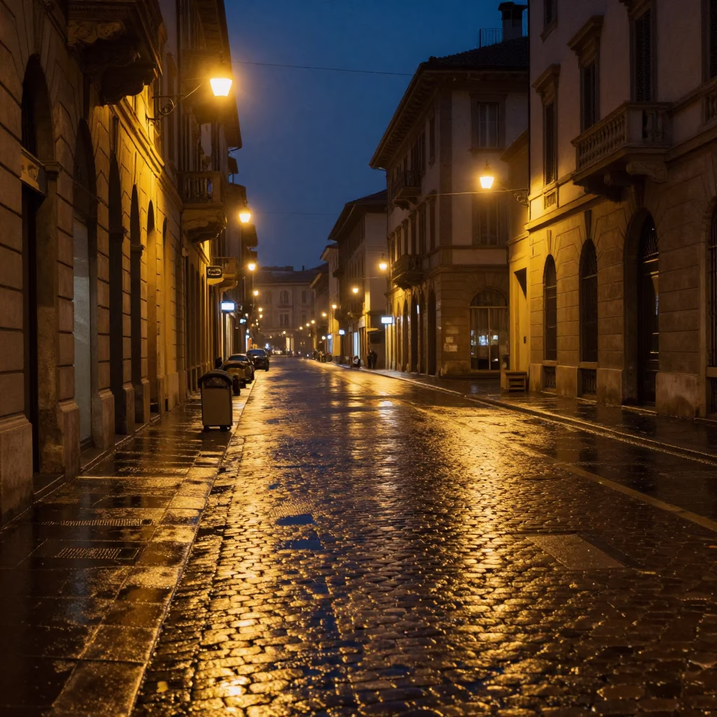 Late Night Milan Street Scene with Cobblestones and Streetlights in in Milan, Italy