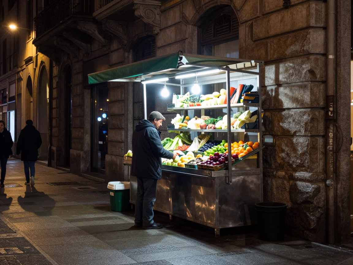 Late Night Milan Street Scene with Condensation and Steel Details in in Milan, Italy