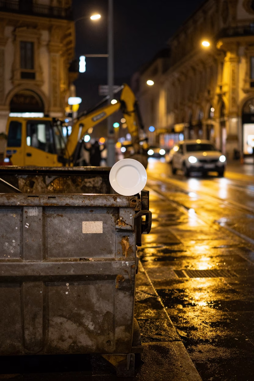Late Night Milan Street Scene with Demolition Dumpster and Vintage Car Under Streetlights in in Milan, Italy