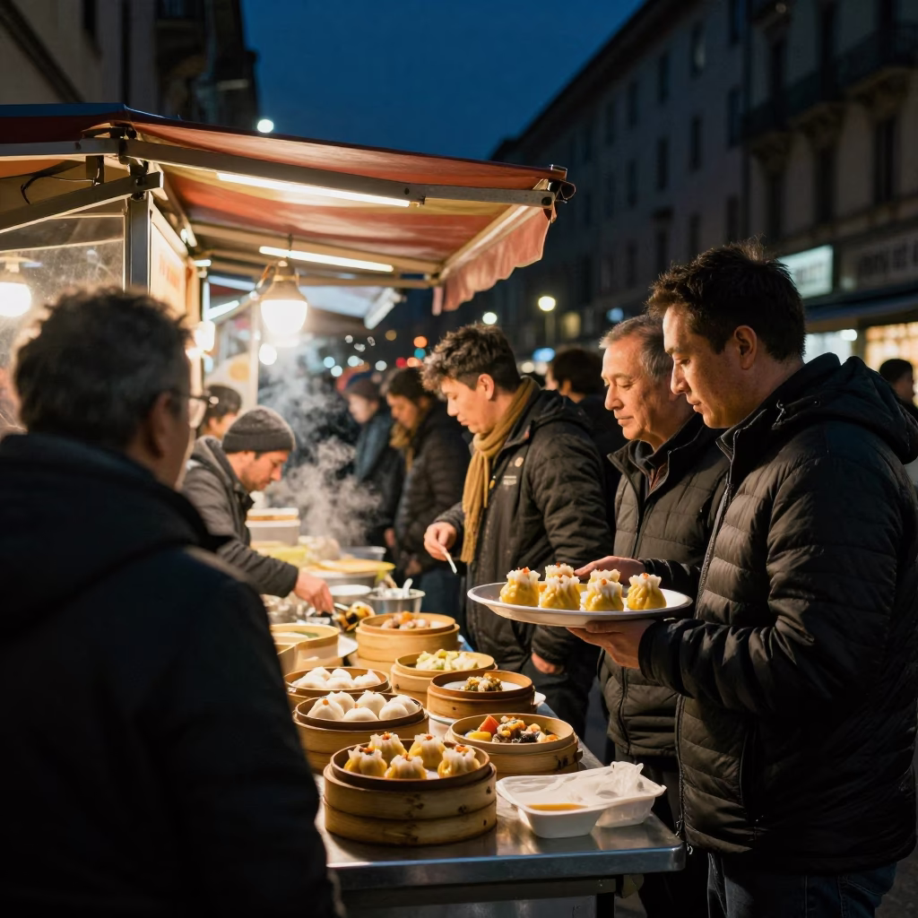 Late Night Milan Street Scene with Dim Sum and Local Interaction Under Night Sky in in Milan, Italy
