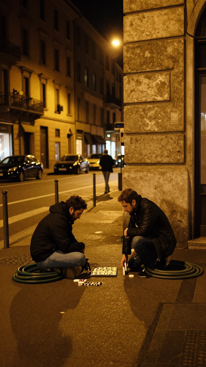 Late Night Milan Street Scene with Dominoes and Hose Nozzle in in Milan, Italy