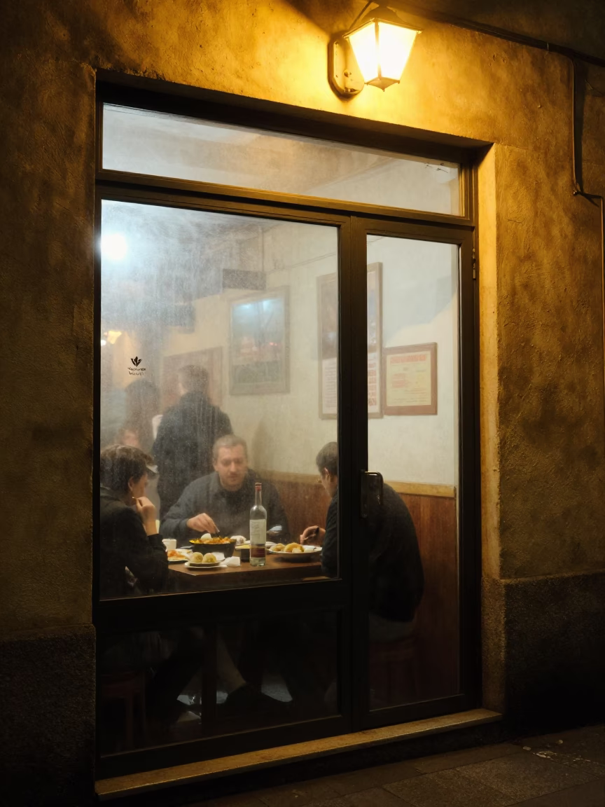 Late Night Milan Street Scene with Dumplings and Mezcal in Local Eatery in in Milan, Italy