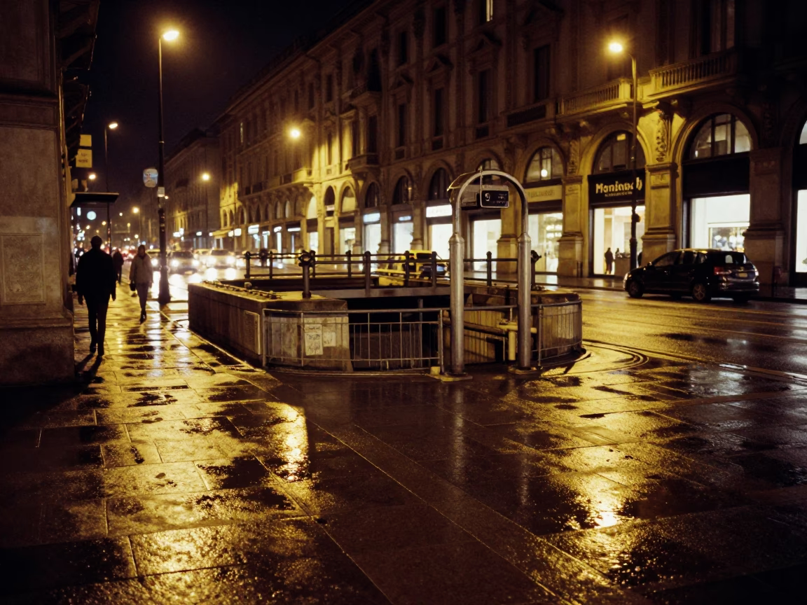 Late Night Milan Street Scene with Floodgate Chamber and Algae Streaks in in Milan, Italy