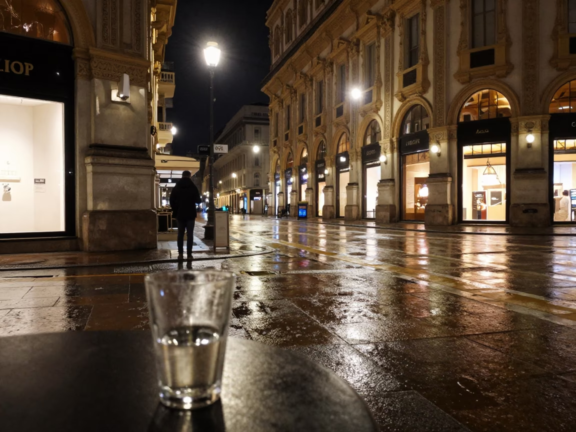 Late Night Milan Street Scene with Glass Tumbler and Urban Reflections in in Milan, Italy